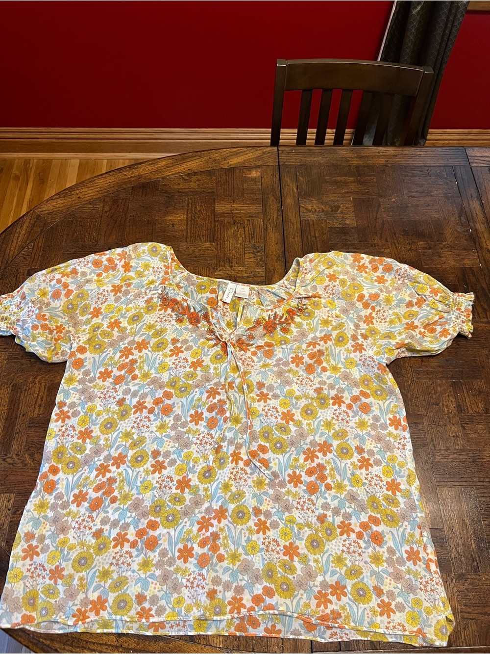 Floral Tie-Neck Short Sleeve Blouse - Yellow & Orange